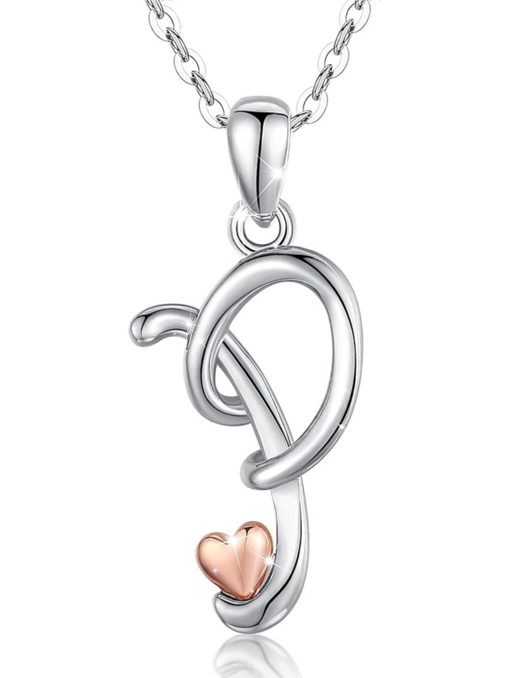 Personalized 925 Sterling Silver Initial Necklace with Rose Gold Heart - 18
